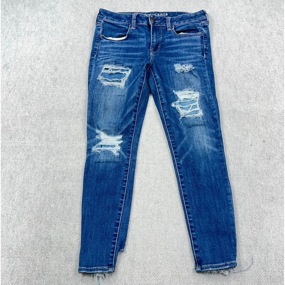 American Eagle Jegging Jeans Women 10 Short Mid Rise Med Wash Distressed Holes H